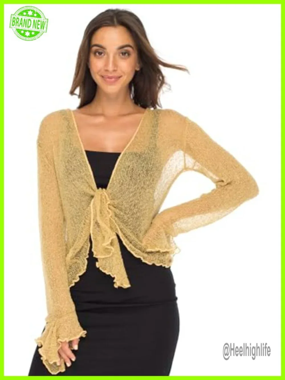 Sheer Shrug Bolero Cardigan Long Bell Sleeves Cropped Lightweight Knit